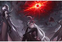 Rememento White Shadow Tier List Feature image for our rememento white shadow tier list showing off three demon-like characters with a red eye above them cracking across the sky