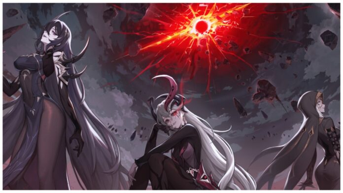 Feature image for our rememento white shadow tier list showing off three demon-like characters with a red eye above them cracking across the sky