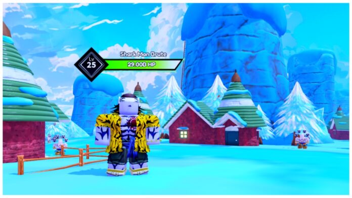 Feature image for our what is the best title in arise crossover guide showing the snowy brum island with a shark man brute as the main focus enemy in frame