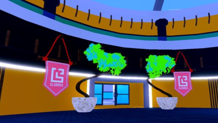 Feature image for our Arise Crossover Nen City guide. Image shows the inside of a building with two trees and two banners hanging up.