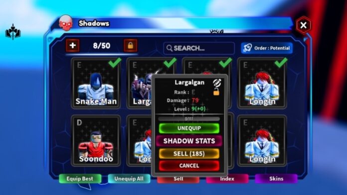 Feature image for our Arise Crossover Shadow Tiers guide. Image shows a list of Shadows in an inventory.