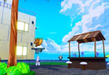 Arise Crossover Summer Island – Location, Mobs, Mounts, and Infinite Desert! Feature image for our Arise Crossover Summer Island guide. Image shows a stall, an umbrella, a building, and the ocean in the background.