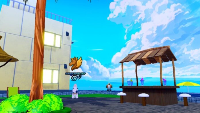 Feature image for our Arise Crossover Summer Island guide. Image shows a stall, an umbrella, a building, and the ocean in the background.
