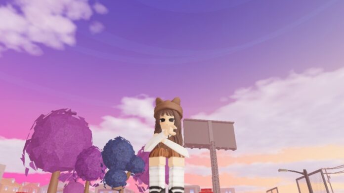 Feature image for our Jojo Roguery Titles guide. Image shows a lilac sky with a character looking at the camera and crossing her arms.