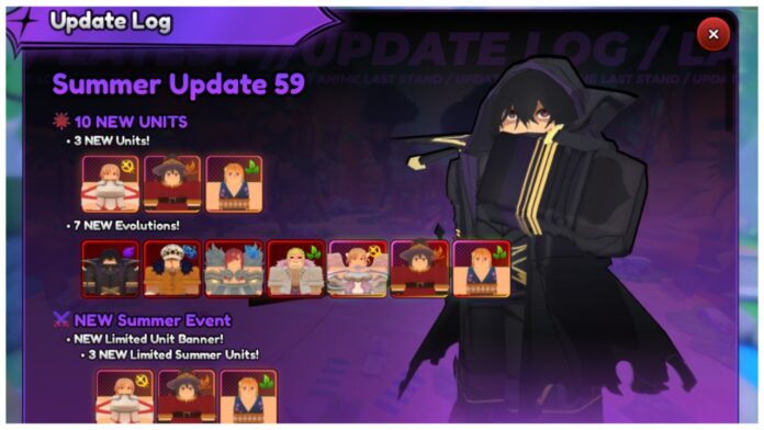 Feature image for our anime last stand summer units guide showing the in-game update log with all the new units