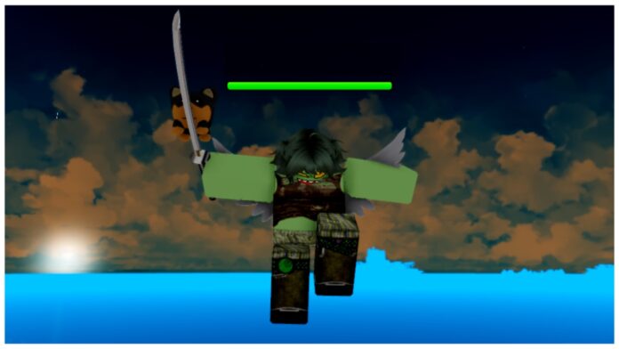Feature image for our anime spirits race tier list showing a player with wings on their back slowly falling with a sword in hand facing upwards