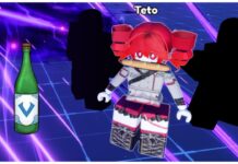 How To Get The Secret Anime Vanguards Byeken The Quickest Way! Feature image for our anime vanguards byeken unit guide showing a player dressed as synth-v teto in the matchmaking lobby with a favourite drink item to their left.