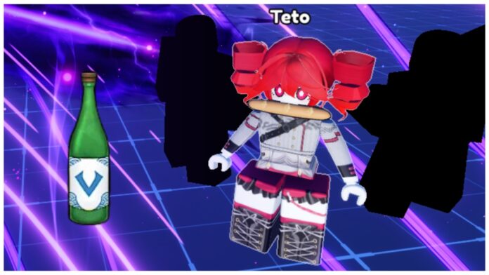 Feature image for our anime vanguards byeken unit guide showing a player dressed as synth-v teto in the matchmaking lobby with a favourite drink item to their left.