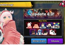 The BEST Anime Vanguards Update 6 Tier List Feature image for our anime vanguards update 6 tier list showing the update log in-game with a unit on the right wearing pink with a gun in her hands