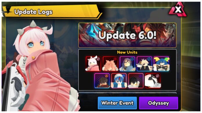 Feature image for our anime vanguards update 6 tier list showing the update log in-game with a unit on the right wearing pink with a gun in her hands