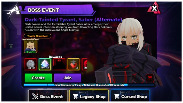 Feature image for our how to get saber alter in anime vanguards guide showing the boss event page in the main game