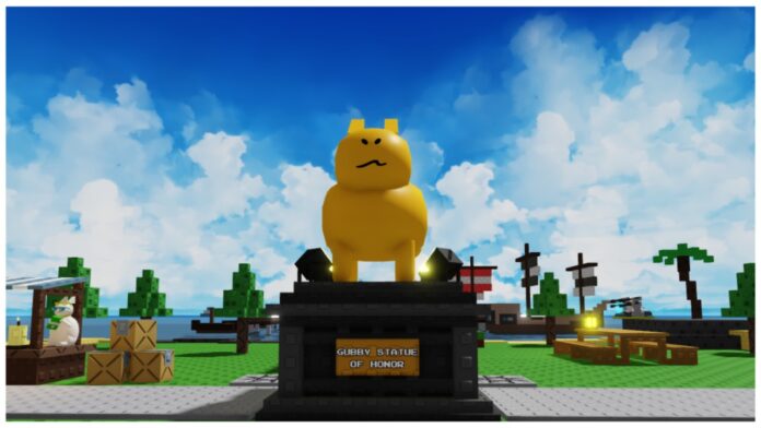 feature image for our how to get the golden gubby in gubby tower defense guide showing the golden gubby statue in the lobby