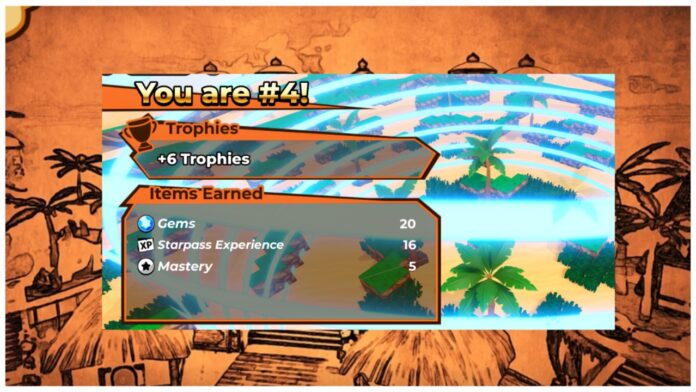 Feature image for our how to get trophies quickly in jump stars guide showing the loading screen with a battle stat png over the top showing a player reaching 4th place and their rewards
