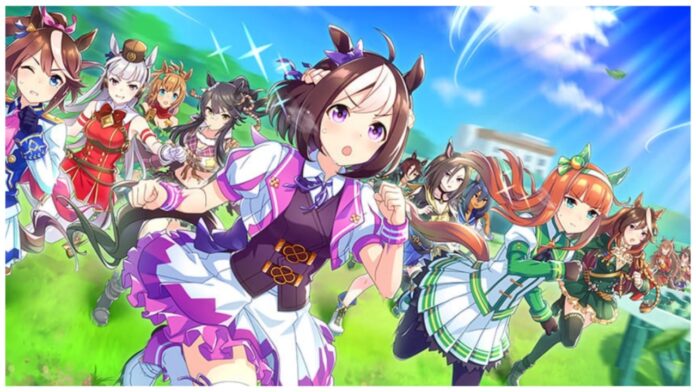 Feature image for our how to train any character in uma musume pretty derby guide showing a bunch of horsegirls in their racing outfits