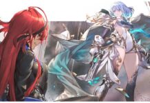 Shadowverse: Worlds Beyond Classes Tier List – Ranked With Reasons! Feature image for our shadowverse worlds beyond classes tier list showing two class leaders with one sitting on the floor with her back to the viewer in the left corner looking up to the other who is standing over her. Both have intense expressions.