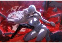 Silver and Blood Tier List – Which Vassals Should You Choose? Feature image for our silver and blood tier list showing two characters lay in a wide pool of blood-like water. The man behind is embracing the woman and biting her neck whilst she leans on him and looks to the viewer.