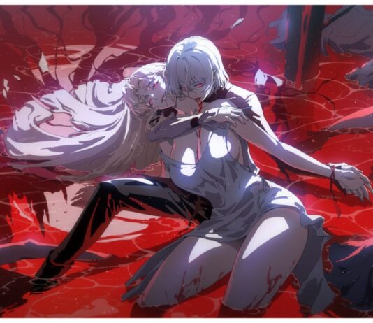 Silver and Blood Tier List – Which Vassals Should You Choose? Feature image for our silver and blood tier list showing two characters lay in a wide pool of blood-like water. The man behind is embracing the woman and biting her neck whilst she leans on him and looks to the viewer.