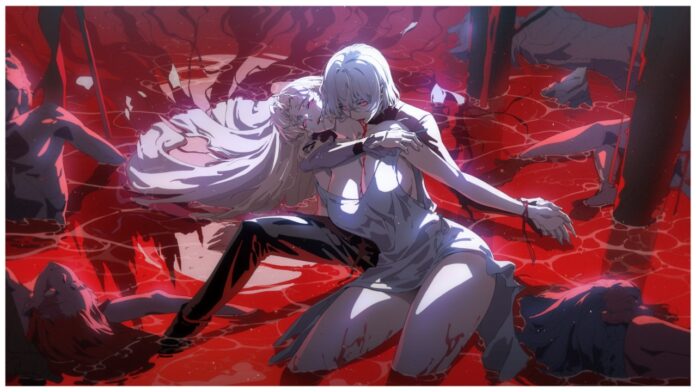 Feature image for our silver and blood tier list showing two characters lay in a wide pool of blood-like water. The man behind is embracing the woman and biting her neck whilst she leans on him and looks to the viewer.