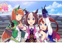 Uma Musume Pretty Derby Reroll Guide – Who To Reroll For? Feature image for our uma musume pretty derby reroll guide showing three units standing and looking to the viewer huddled together pointing at the screen or in the air.