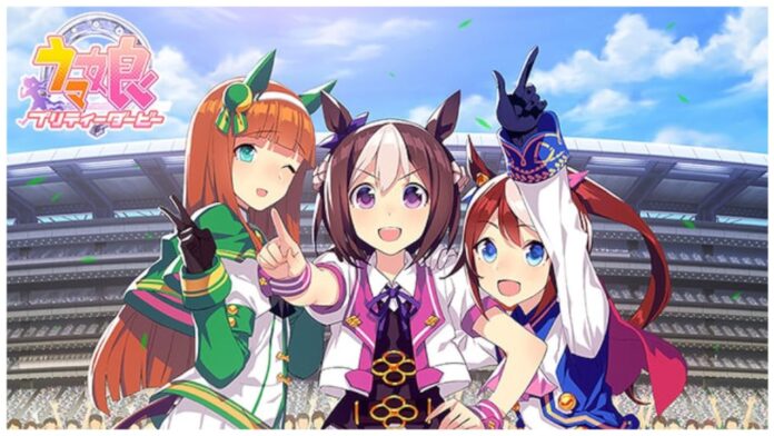 Feature image for our uma musume pretty derby reroll guide showing three units standing and looking to the viewer huddled together pointing at the screen or in the air.