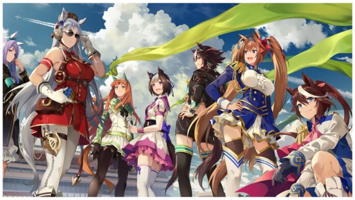Feature image for our uma musume pretty derby tier list showing a variety of horse girls in their racing outfits on a sunny day