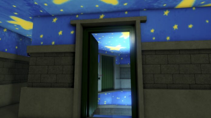 Feature image for our Best Spots to Hide In Ink Game Hide and Seek guide. Image shows an open door leading to another door.