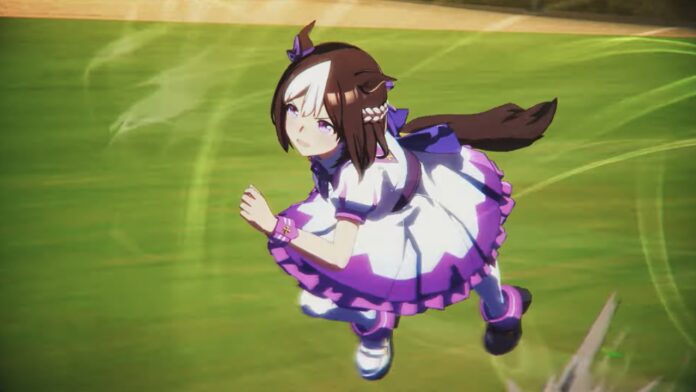 Feature image for our How To Get A Rank On Long Distance Uma In Uma Musume Pretty Derby. Image shows an anime girl in a purple and white dress running on a field.