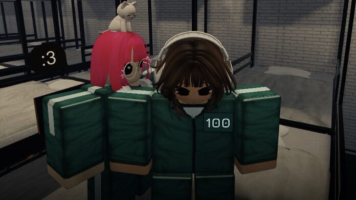 Feature image for our Ink Game Gamepass Tier List . Image shows a character with pink hair looking at another character with brown hair as they stand on a bed.