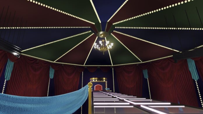 Feature image for our Ink Game Glass Bridge guide. Image shows a bridge made of glass in a tent-like room.