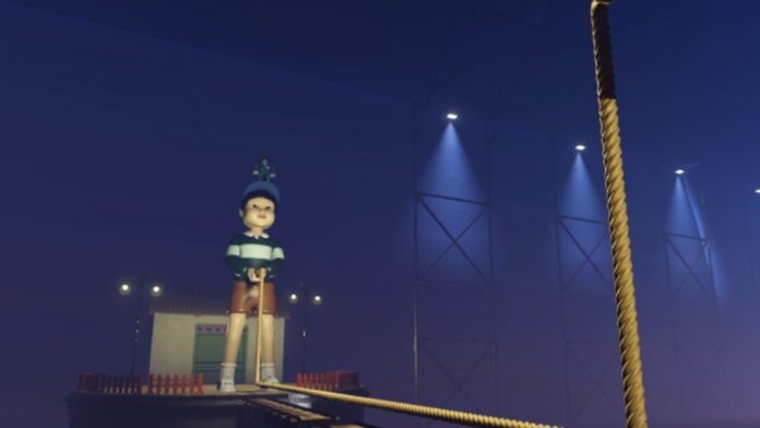 Feature image for our Ink Game Jump Rope guide. Image shows a large doll across a bridge holding a rope.
