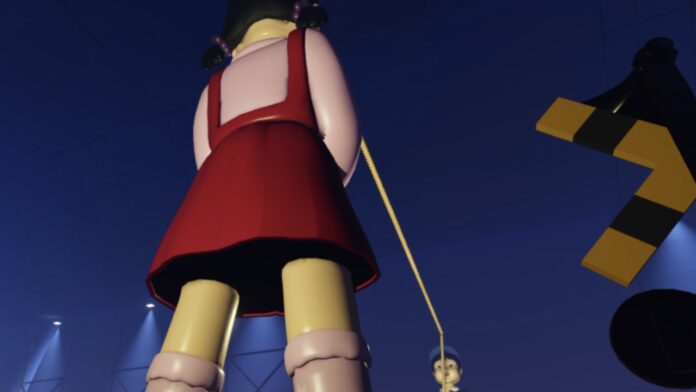 Feature image for our Ink Game Last Dinner guide. Image shows a large doll holding a jumping rope.