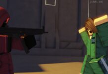 Ink Game Squid Game – How To Reach The Squid Game Ending and Beat The Game Feature image for our Ink Game Squid Game guide. Image shows someone in a hood pointing a gun at someone who has their arms up.