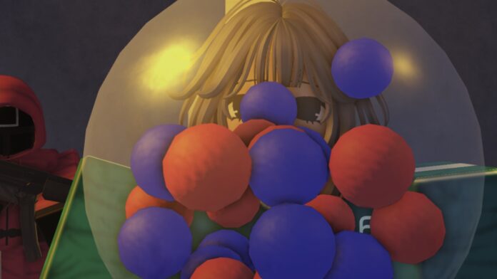 Feature image for our Ink Game Titles guide. Image shows a character looking at a machine that has red and blue balls inside.