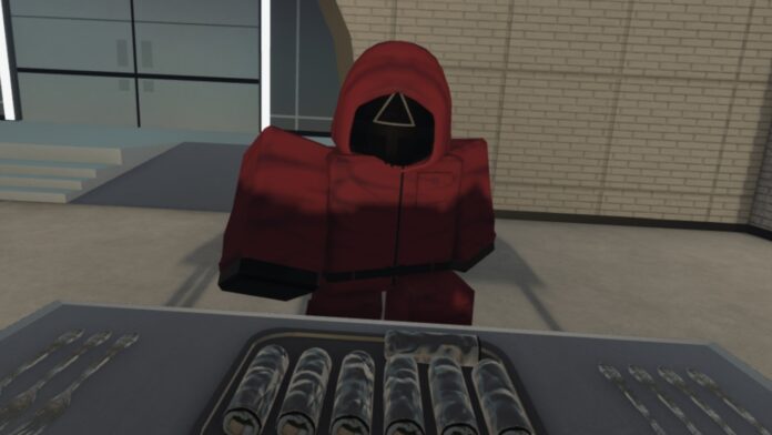 Feature image for our What Is The Best Weapon In Ink Game Lights Out guide. Image shows a character in a mask and jumpsuit handing out food behind a table.