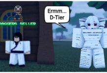 Aether Adventure Weapon Tier List – Release Rankings! Feature image for our aether adventure weapon tier list showing a blurred background of the dagger merchant with a player png next to them saying ermm D-Tier