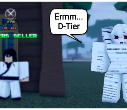 Aether Adventure Weapon Tier List – Release Rankings! Feature image for our aether adventure weapon tier list showing a blurred background of the dagger merchant with a player png next to them saying ermm D-Tier