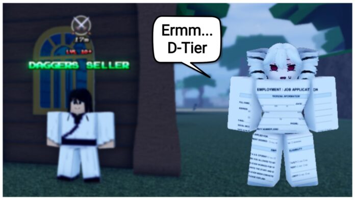 Feature image for our aether adventure weapon tier list showing a blurred background of the dagger merchant with a player png next to them saying ermm D-Tier