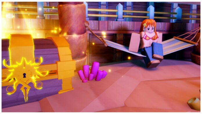 Feature image for our anime final strike codes guide showing nami sat on a hammock next to a golden chest to her left