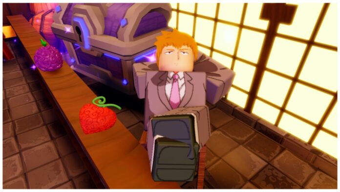 Feature image for our anime final strike tier list showing reigen in the roblox style sitting in a chair and leaning backwards with his arms behind his head and legs crossed on a counter.