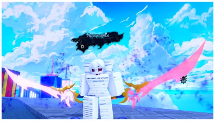 Feature image for our arise crossover sub titles guide showing a player with a confused face standing at the height of levelling city with glowing blades in their hands