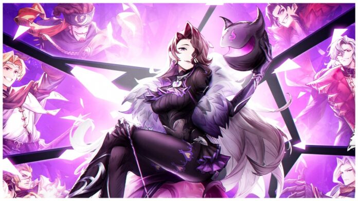 Feature image for our fantasy of light tier list showing a character sat in the centre surrounded by a purple fog and other characters in each segment