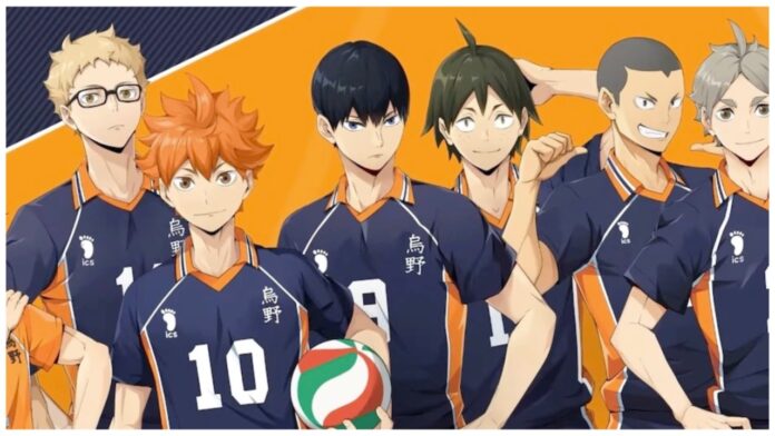 Feature image for our haikyuu fly high recruit guide showing a bunch of players facing the screen in the iconic black and orange game uniform