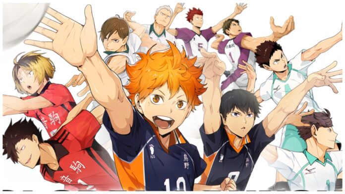 Feature image for our haikyuu fly high reroll guide showing a bunch of characters from the main series from behind hinata facing in all directions with dedicated looks on their faces