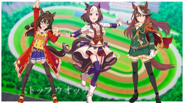 Feature image for our how to beat legend races in uma musume guide showing the three legend umas against a blurred race track