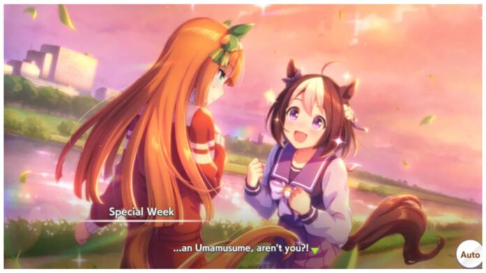 Feature image for our how to make powerful parents in uma musume guide showing two characters interacting in front of a glistening pond during an orange sunset
