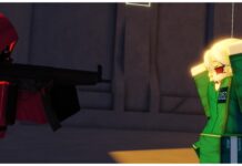 How To Win Every Time in Ink Game! Feature image for our how to win every time in ink game guide showing a player with her arms raised and a scared expression as a pink guard holds a gun to her