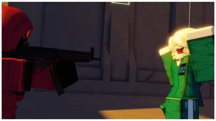 Feature image for our how to win every time in ink game guide showing a player with her arms raised and a scared expression as a pink guard holds a gun to her