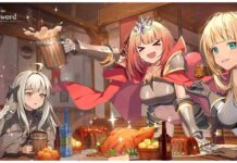 Lost Sword Tier List – Release Rankings! Feature image for our lost sword tier list showing three characters in a tavern with the one in the middle standing up and leaning over the table to look at the viewer with a beer in hand which is spilling over.