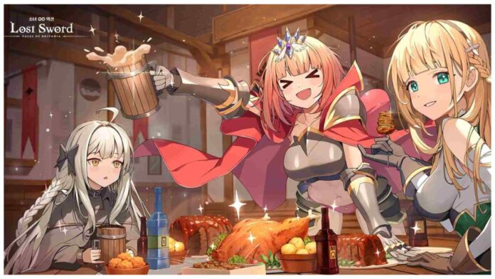 Feature image for our lost sword tier list showing three characters in a tavern with the one in the middle standing up and leaning over the table to look at the viewer with a beer in hand which is spilling over.