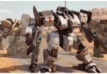 Mecharashi Mech Tier List – Including Recommended Pilots! Feature image for our mecharashi mech tier list showing several mechs in a sandy outpost with one in the front holding a large beamer gun